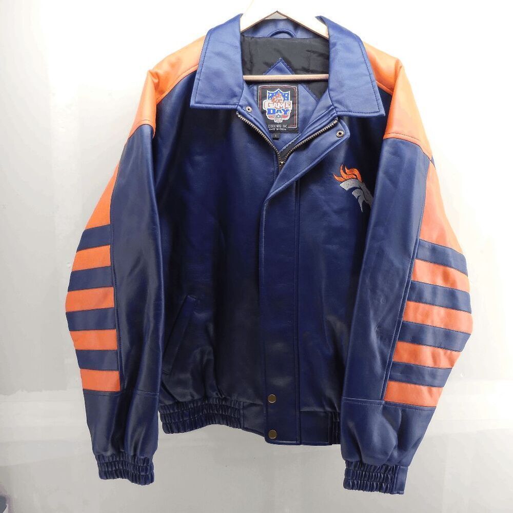 Denver Broncos Blue Size L Game Day Essex Jacket Full Zip Faux‎ Leather READ
